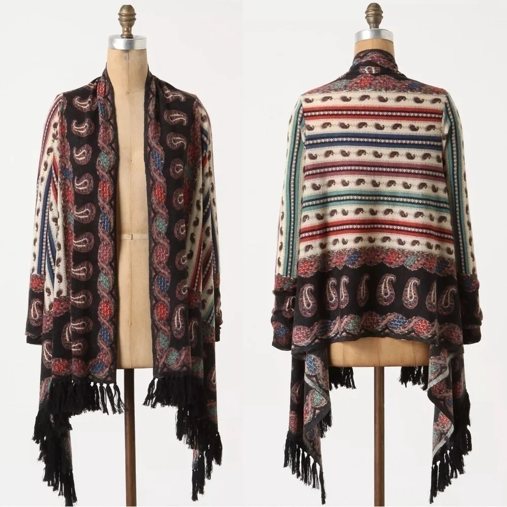 Anthropologie Guinevere Merino Wool Cardigan Sweater Bohemian Gypsy Fringe Small - Picture 4 of 16